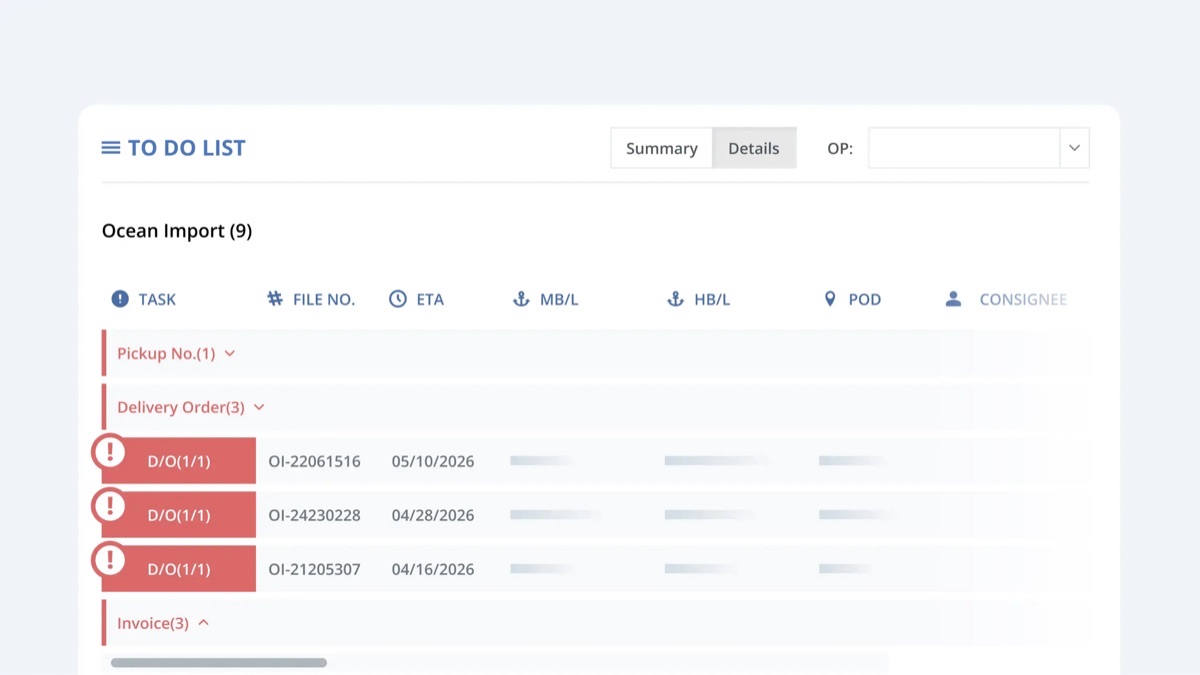 GoFreight To Do List detail view grouping Ocean Import tasks such as pickup numbers, delivery orders, and invoices by shipment file