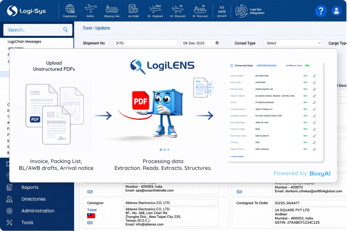 Logi-Sys shipment task screen with the LogiLENS AI panel extracting invoice, packing list, and BL draft data into structured fields with confidence scores