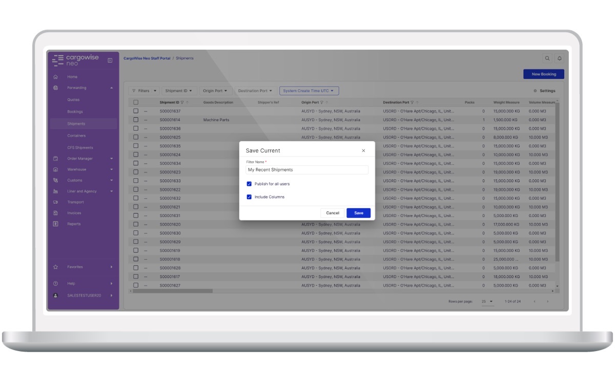 CargoWise Neo Shipments grid listing shipment IDs, origin and destination ports, and weight and volume measures, with a Save Current filter dialog open