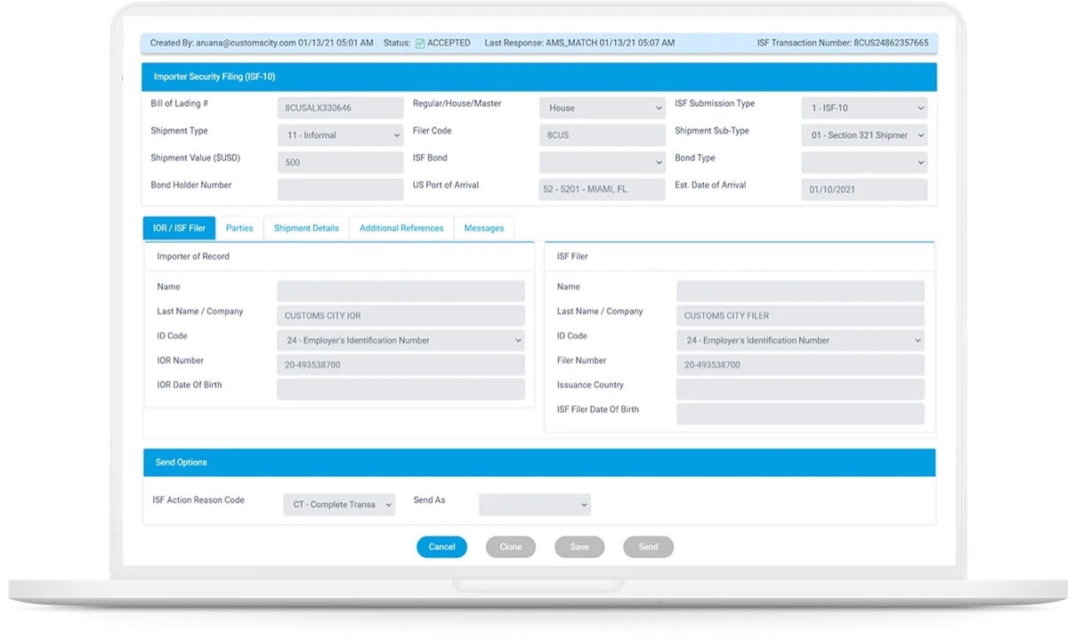 CustomsCity Importer Security Filing ISF-10 form showing bill of lading number, shipment type, filer code, bond details, and IOR and ISF Filer party fields