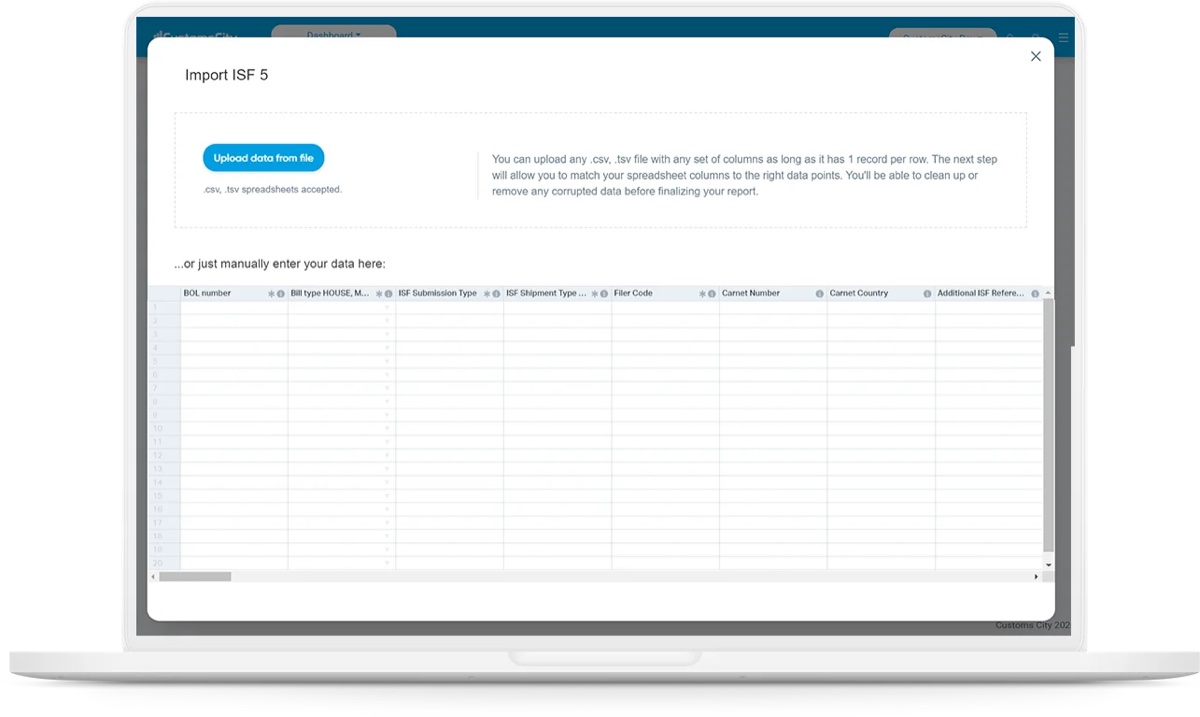 CustomsCity Import ISF bulk upload modal with an upload-from-file option and a manual entry grid for BOL number, bill type, ISF submission type, and filer code