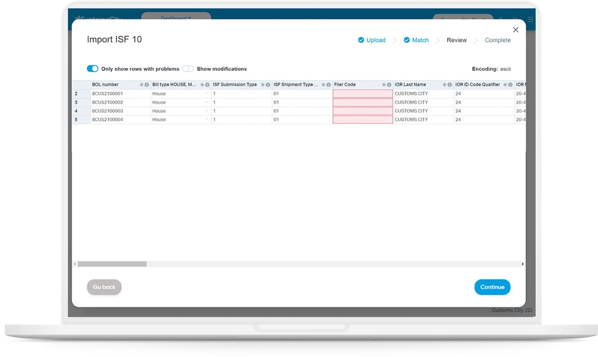 CustomsCity Import ISF review grid flagging rows with problems across an upload, match, review, and complete workflow