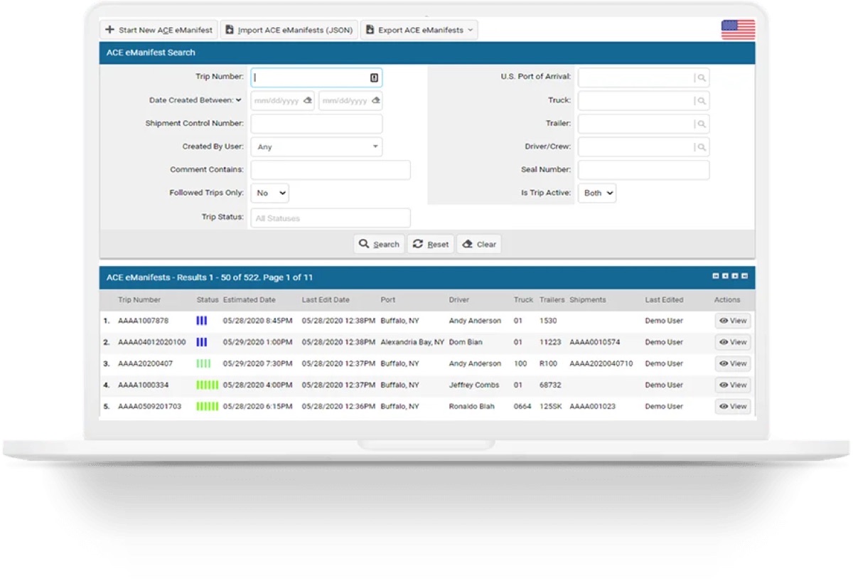 CustomsCity ACE eManifest Search results grid listing trip number, status, estimated date, port, driver, truck, and trailer across 522 results