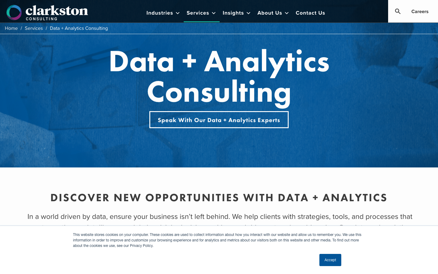 Clarkston Consulting data analytics services page describing data strategy and governance offerings