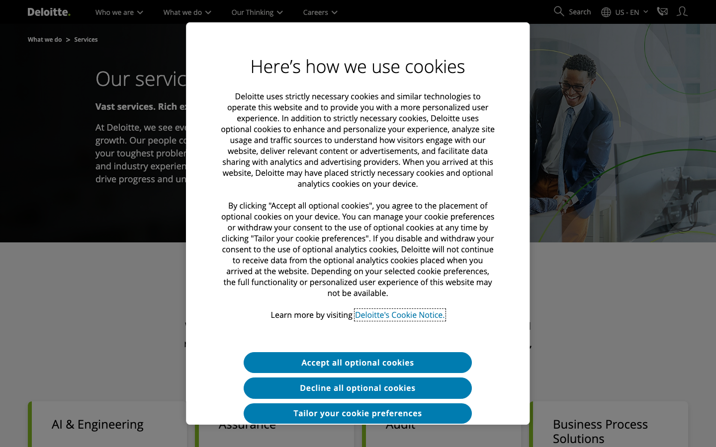 Deloitte consulting services page listing enterprise technology and data transformation offerings