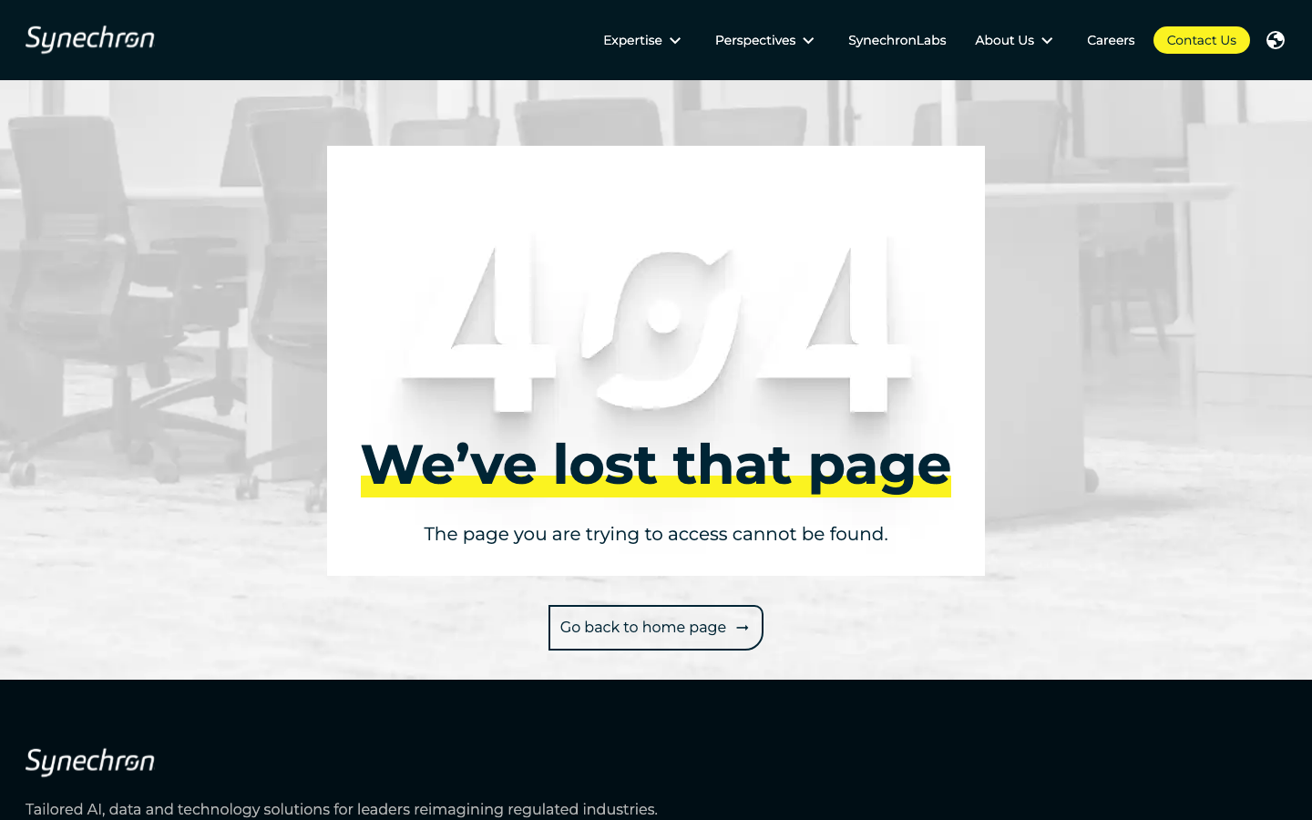 Synechron data and AI solution page describing digital transformation services for financial services