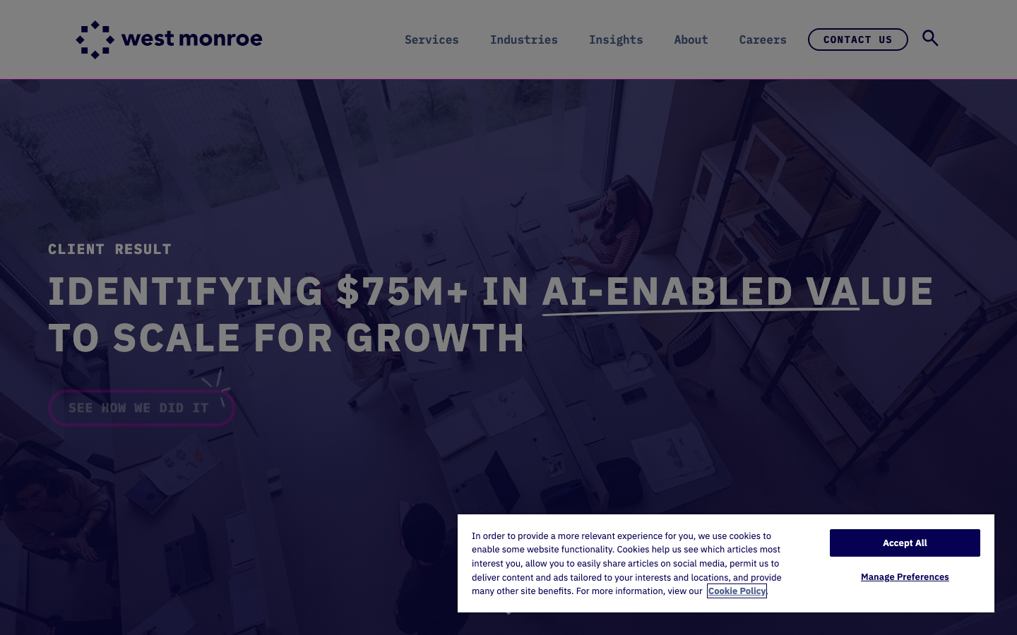 West Monroe homepage describing digital, technology, and operations consulting services