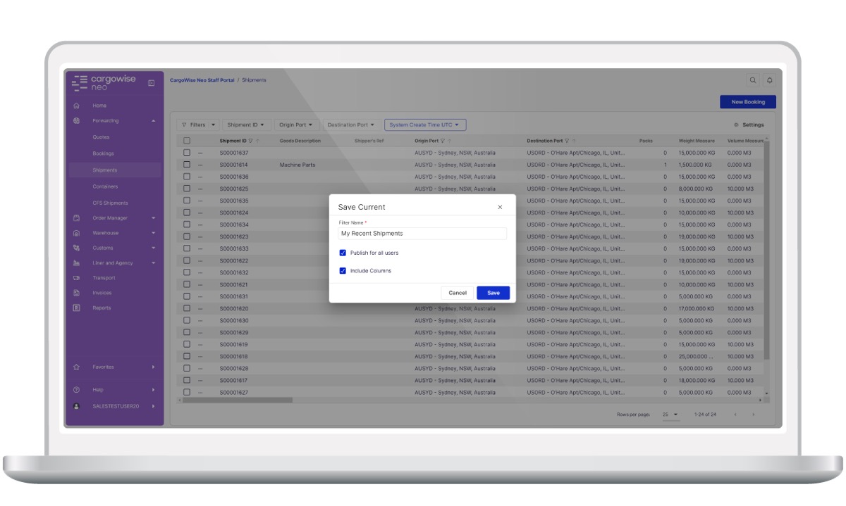CargoWise Neo Staff Portal shipments list with columns for shipment ID, origin and destination port, packs and weight, and a Save Current filter dialog for naming and publishing a saved view