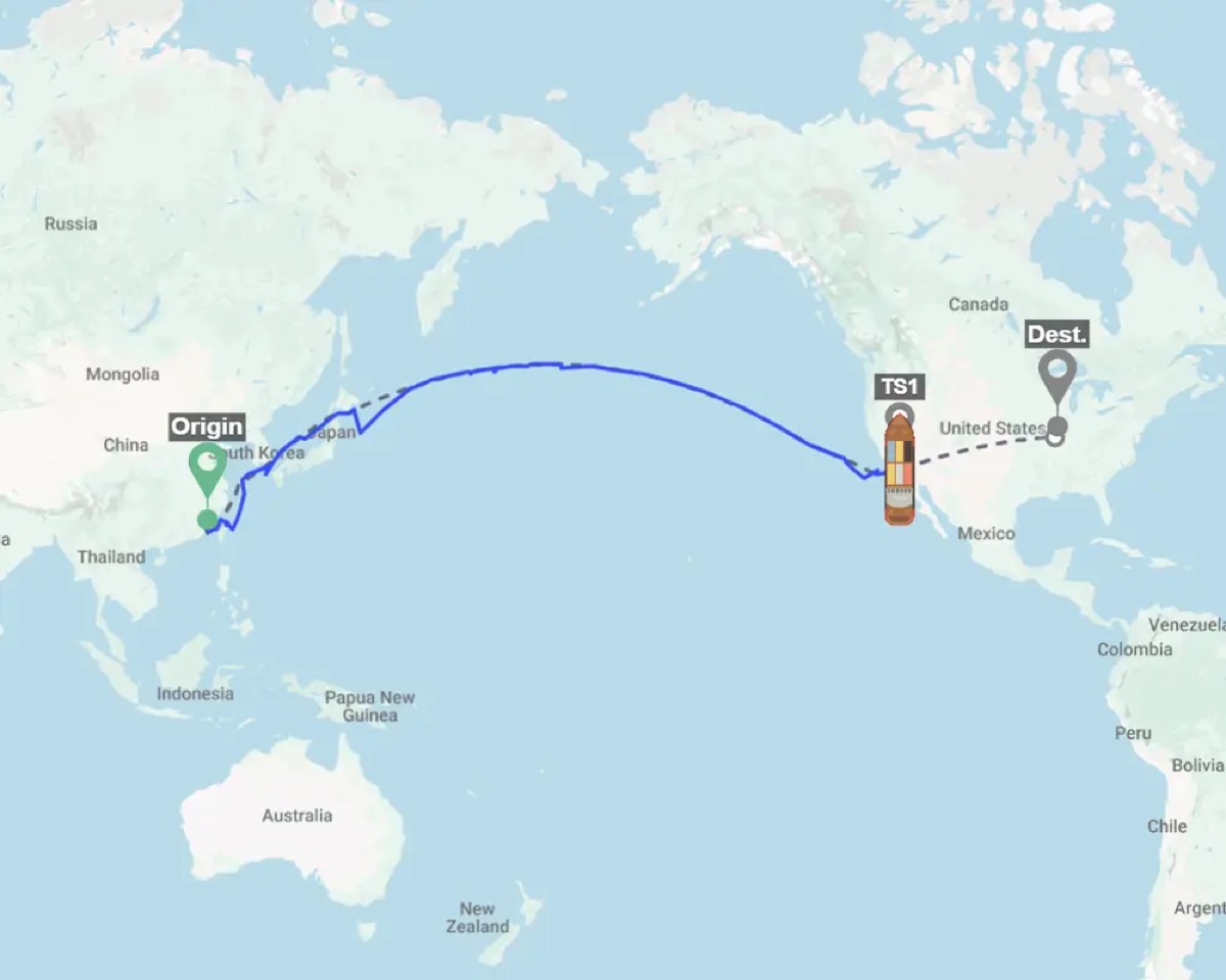 GoComet GoTrack shipment map showing an ocean routing from origin in East Asia through a transshipment port to a US destination, with live position markers