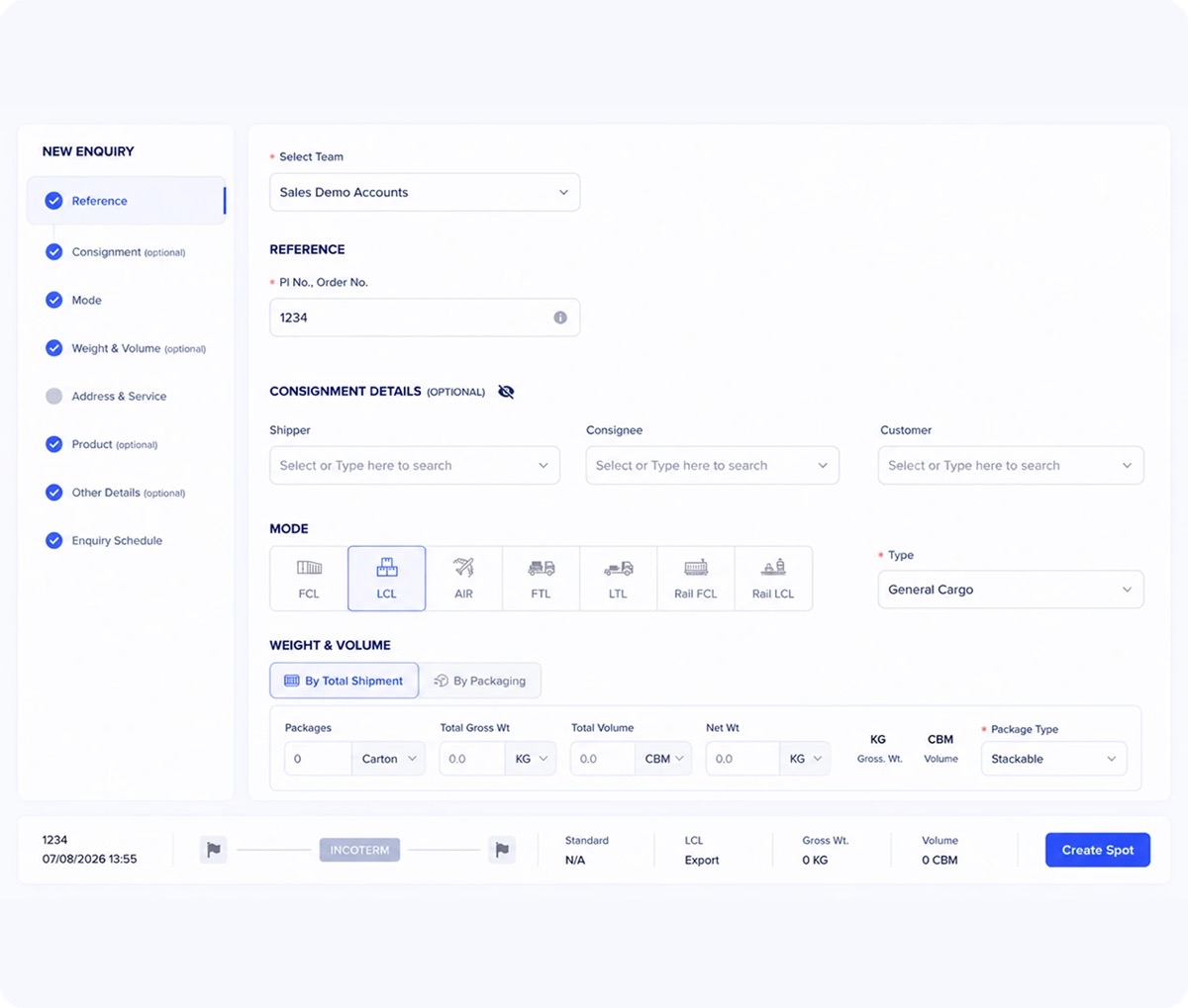 GoComet New Enquiry form for a freight rate request, with mode selection across FCL, LCL, air, FTL, LTL and rail, weight and volume fields, and a Create Spot button