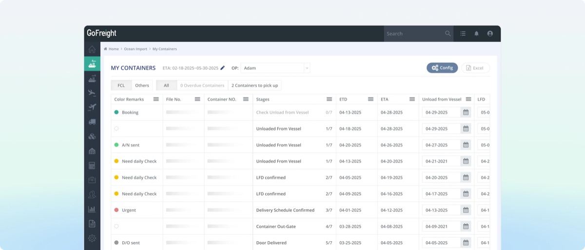GoFreight My Containers screen for Ocean Import listing containers by color remark, file number, container number, shipment stage, ETD, ETA and last free date, with Config and Excel export buttons