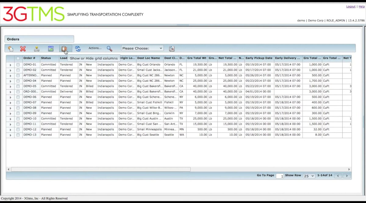 3Gtms orders grid showing demo shipments with Committed and Planned statuses, Indianapolis origins, destination cities, gross weight, net total and pickup and delivery dates