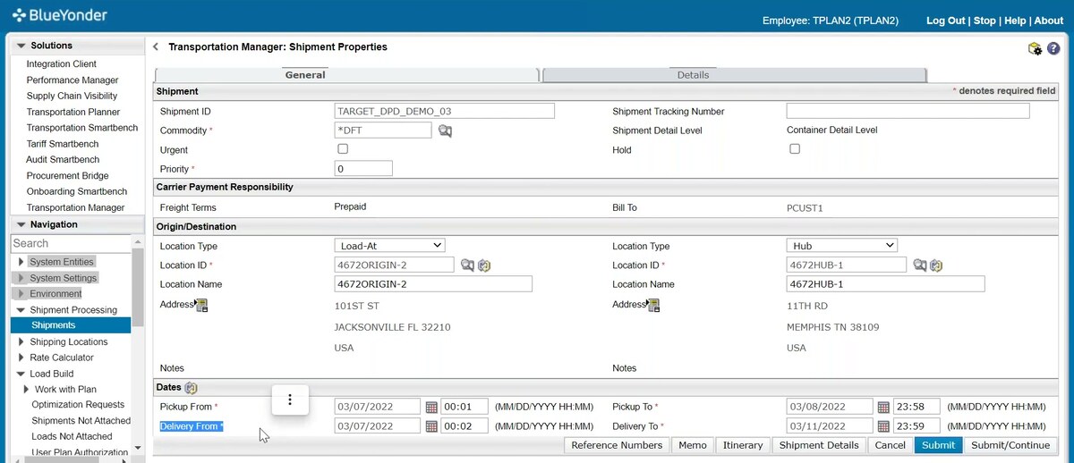 Blue Yonder Transportation Manager Shipment Properties screen showing the Solutions and Navigation menus with a shipment routed Jacksonville FL to Memphis TN and pickup and delivery date fields