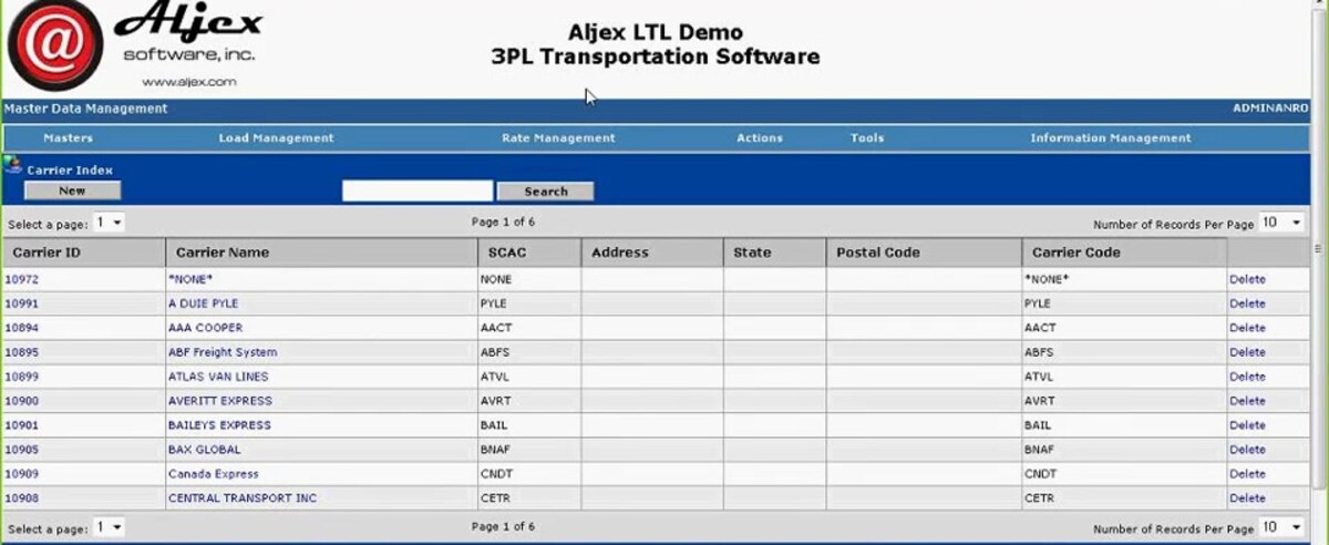 Descartes Aljex broker TMS Carrier Index listing carriers such as A Duie Pyle, AAA Cooper and ABF Freight System with SCAC and carrier codes under the Master Data Management menu