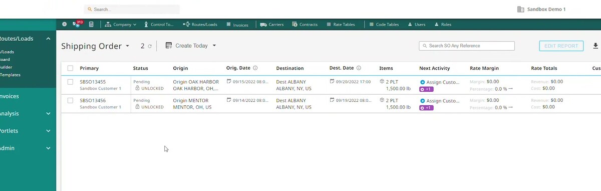 MercuryGate shipping order load board listing pending orders from Oak Harbor OH to Albany NY with status, origin, destination, items, and rate-margin columns