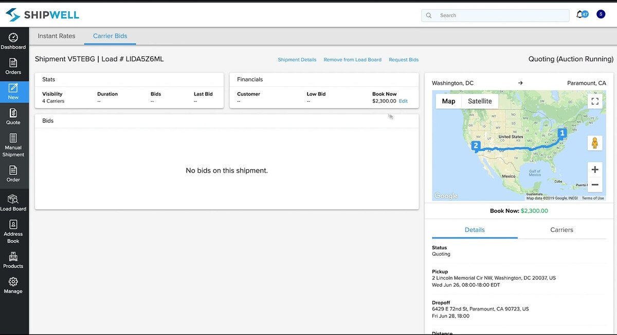 Shipwell carrier bids screen for a load in a quoting auction with stats and financials cards, a $2,300 book-now rate, and a US route map from Washington DC to Paramount CA