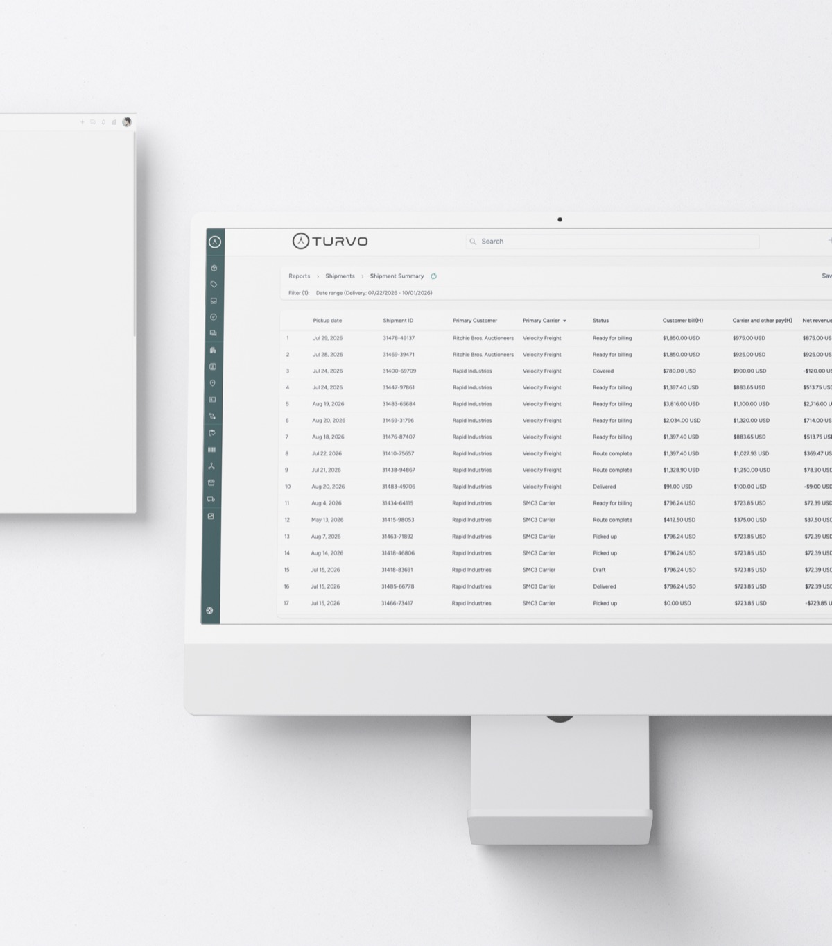 Turvo Shipment Summary report listing shipments by pickup date, shipment ID, primary customer and carrier, status (ready for billing, route complete, delivered, picked up) and customer bill, carrier pay and net revenue columns