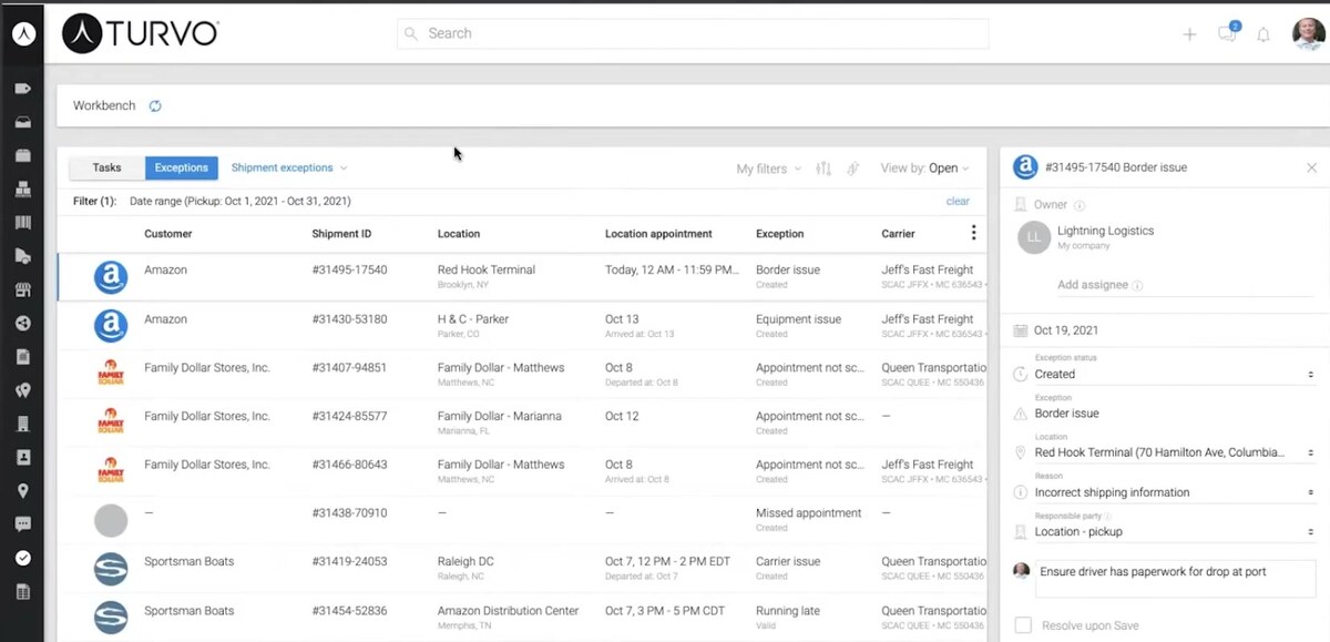 Turvo collaboration workbench exceptions list showing Amazon, Family Dollar Stores and Sportsman Boats shipments with exception types and carriers, beside a shipment detail panel for a border issue