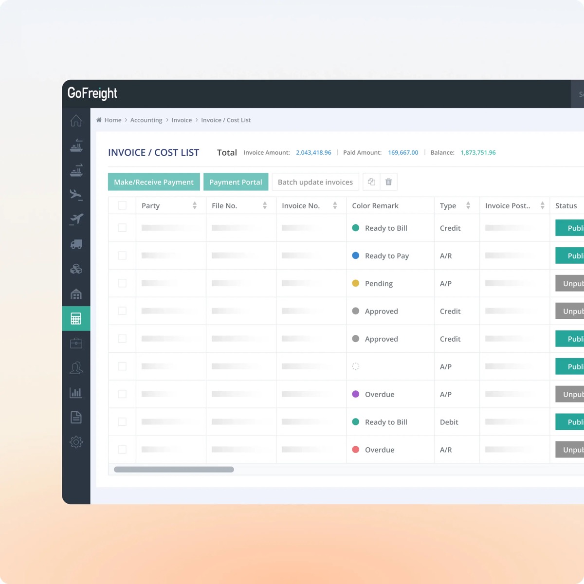 GoFreight Invoice / Cost List screen showing total invoice amount, paid amount and balance, with Make/Receive Payment and Payment Portal buttons above a table of invoices by party, file number, type and status