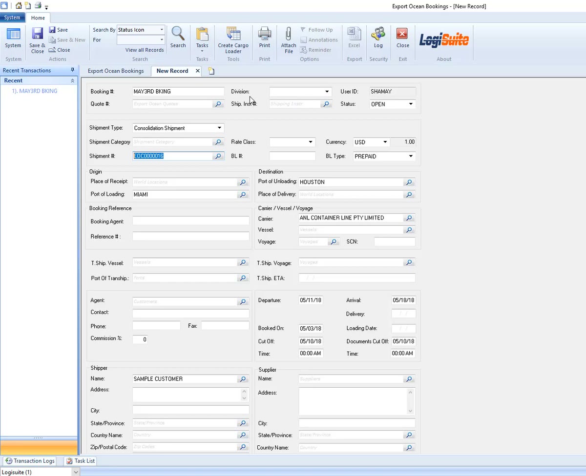 Logisuite Export Ocean Bookings record for a consolidation shipment from Miami to Houston, showing carrier, currency in USD, prepaid BL type and shipment details used for NVOCC ocean export billing