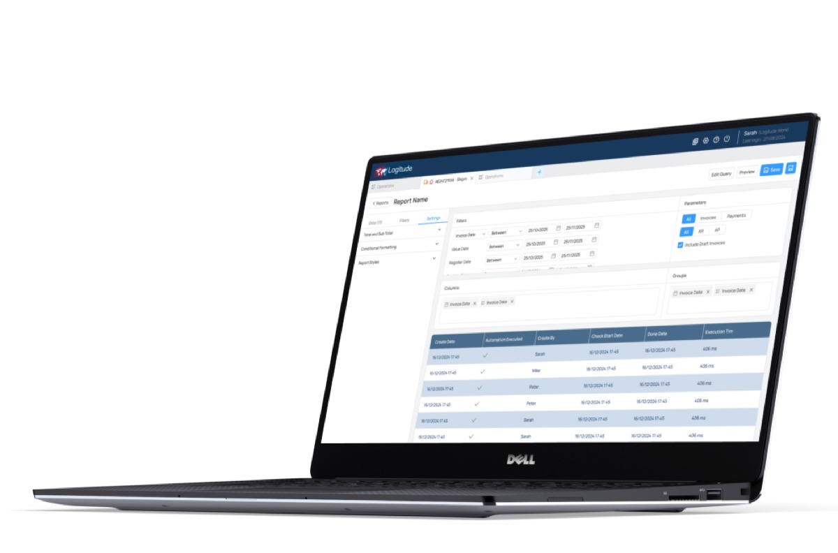 Logitude custom report builder for invoices and payments with date, value date and register date filters, selectable columns, and a results table showing automation execution times per record