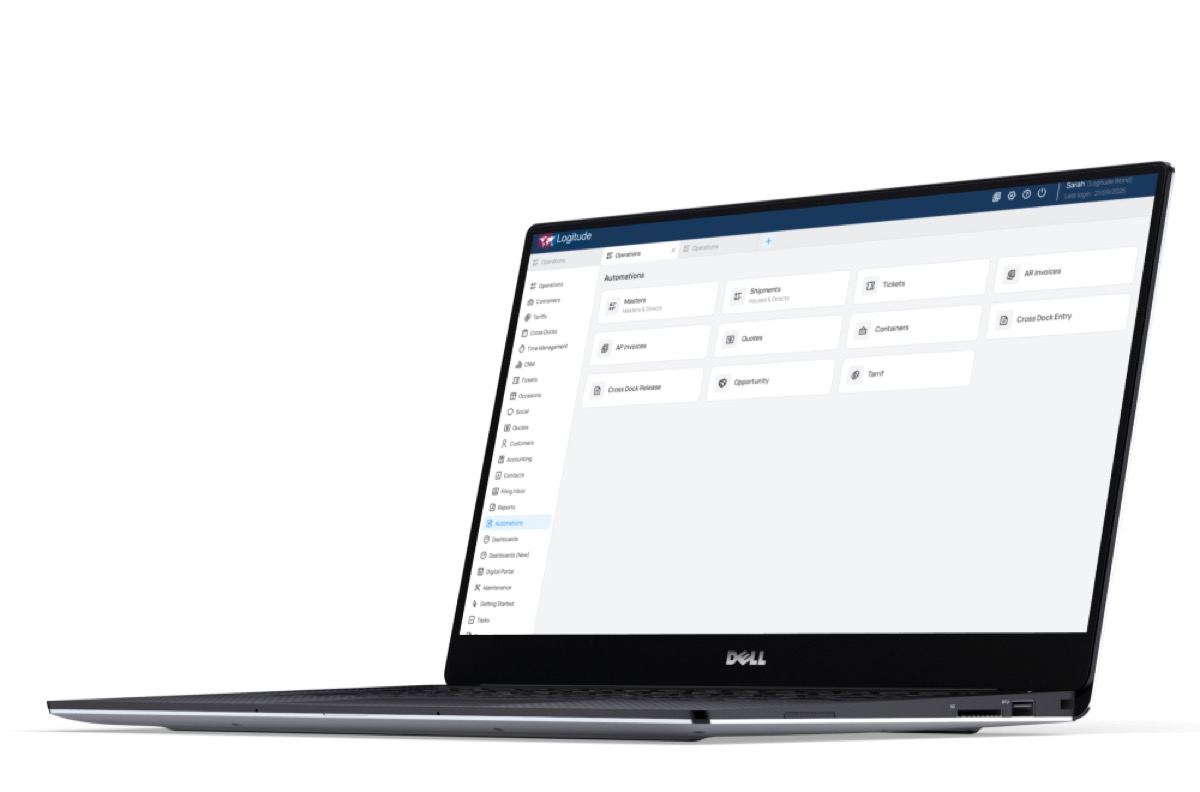 Logitude Automations module listing automation categories for Masters, Shipments, Tickets, AR Invoices, AP Invoices, Quotes, Containers, Cross Dock Entry and Release, Opportunity and Tariff
