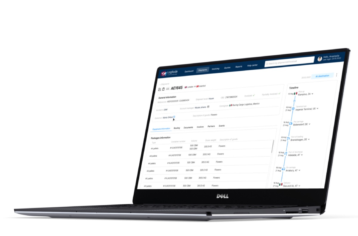 Logitude digital customer portal showing shipment AE1645 with an Invoicing tab and partially-invoiced status alongside general information, equipment details and a delivery timeline