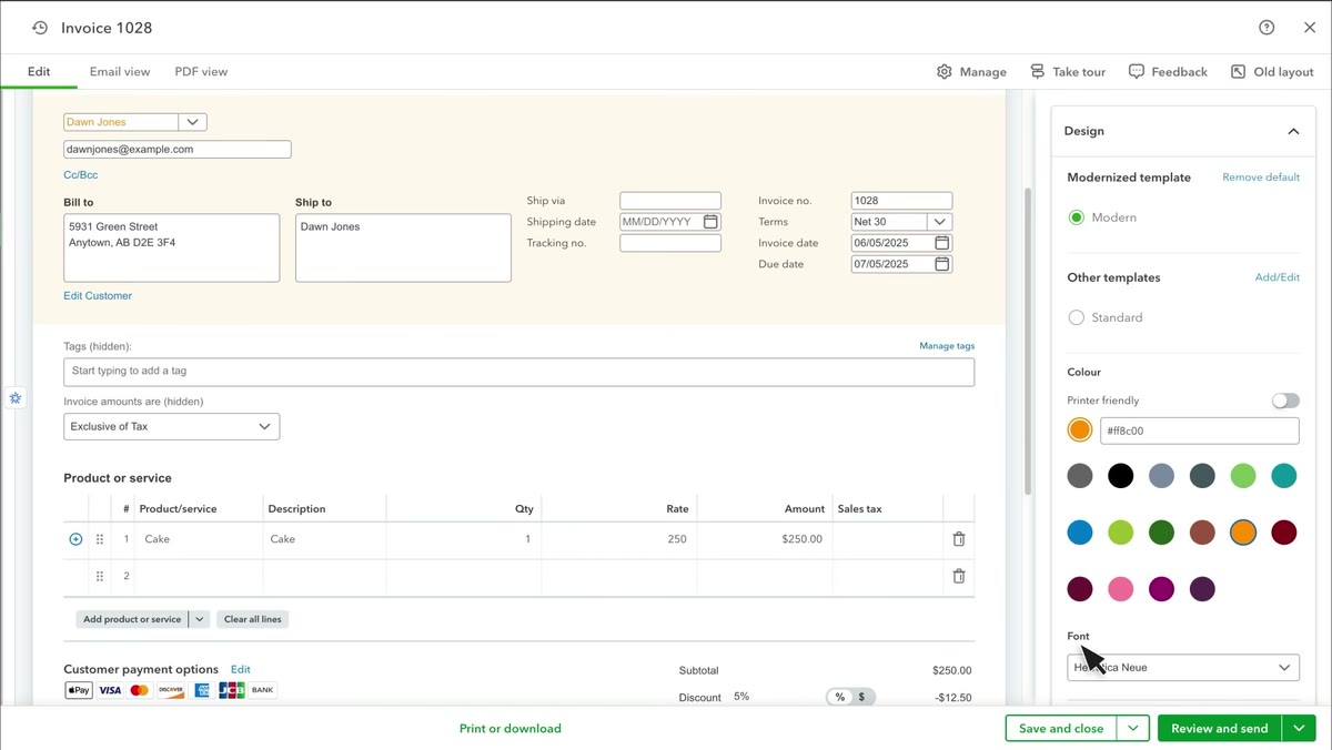 QuickBooks Online invoice editor (Invoice 1028) with bill-to and ship-to details, Net 30 terms, a line item showing quantity, rate and amount, customer payment options, and a running subtotal and discount