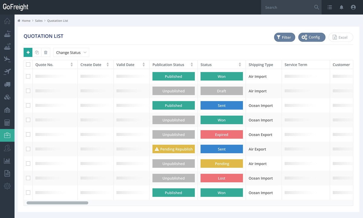 GoFreight Quotation List screen showing quotes by publication status and Won, Draft, Sent, Expired and Pending status across Air and Ocean Import and Export shipping types