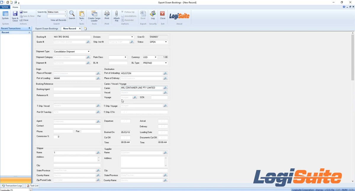 Logisuite Export Ocean Bookings screen showing a consolidation booking from Miami to Houston with carrier, vessel, voyage, shipper and supplier fields in the desktop application