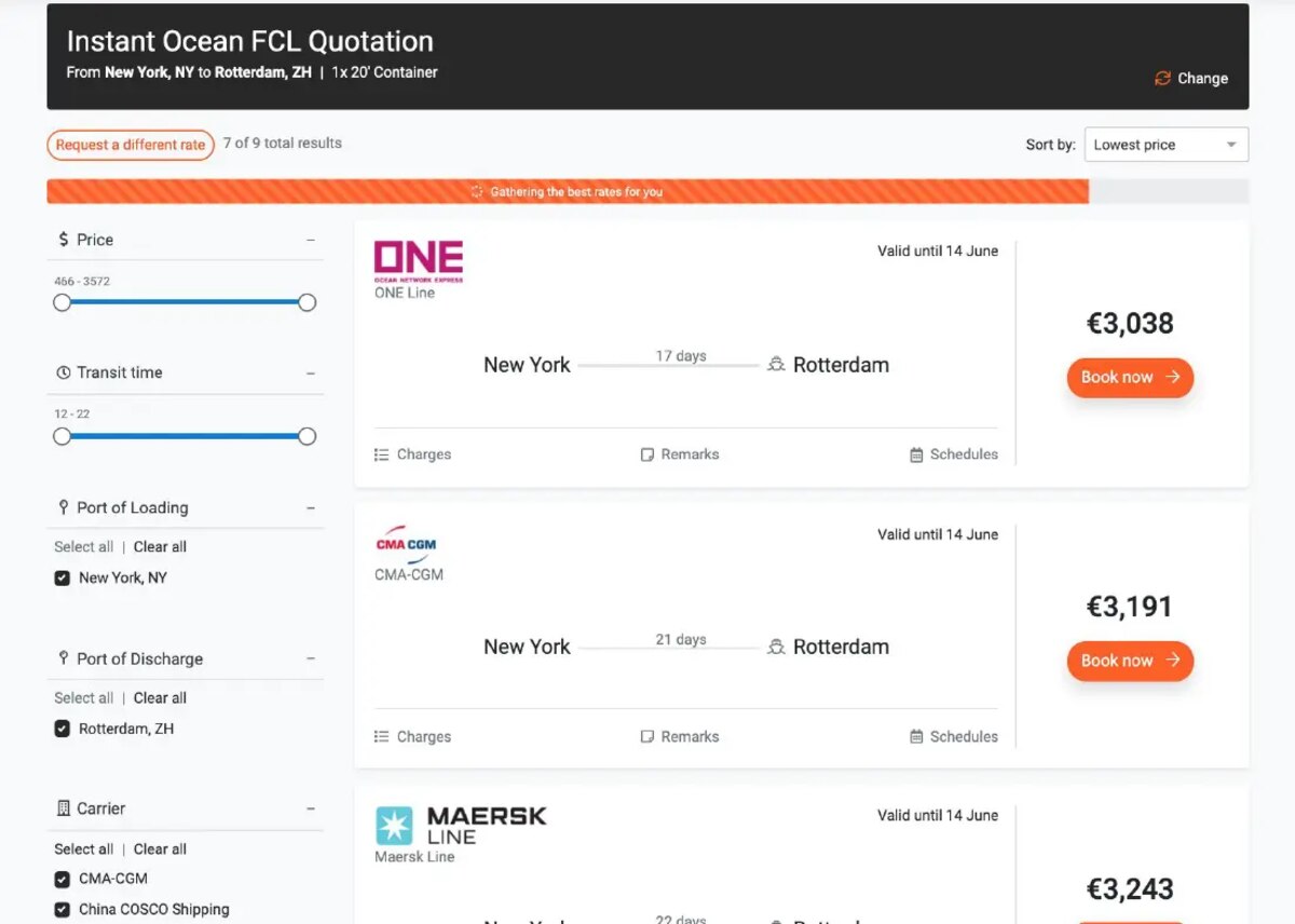 Magaya myDigitalFREIGHT instant ocean FCL quotation results from New York to Rotterdam comparing ONE Line, CMA CGM and Maersk Line rates