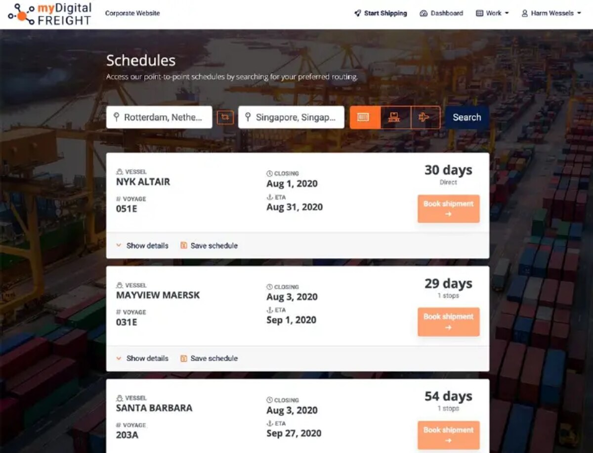Magaya myDigitalFREIGHT schedules search results listing NYK Altair, Mayview Maersk and Santa Barbara vessel sailings from Rotterdam to Singapore