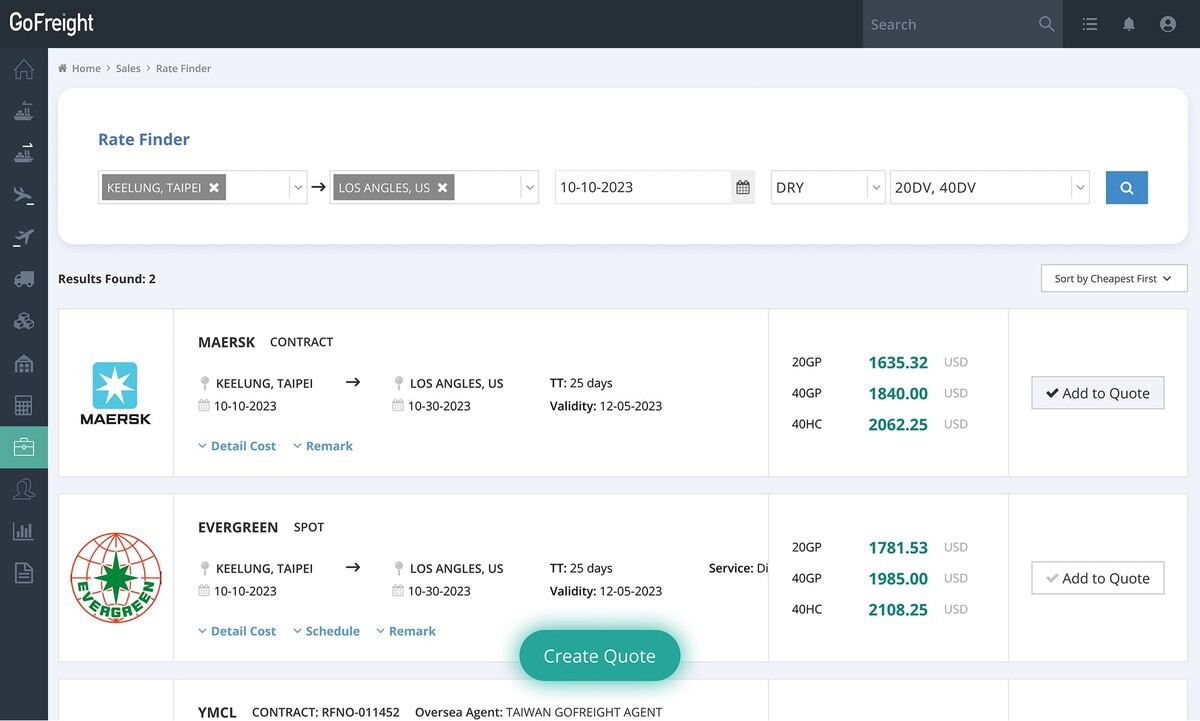 GoFreight Rate Finder screen comparing Maersk contract and Evergreen spot ocean rates from Keelung, Taipei to Los Angeles with 20GP, 40GP and 40HC pricing
