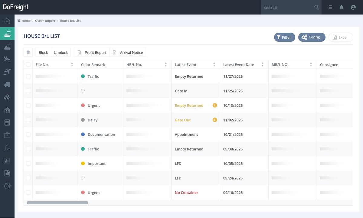 GoFreight House B/L List screen for Ocean Import showing color-coded remarks and latest tracking events like Empty Returned and Gate In