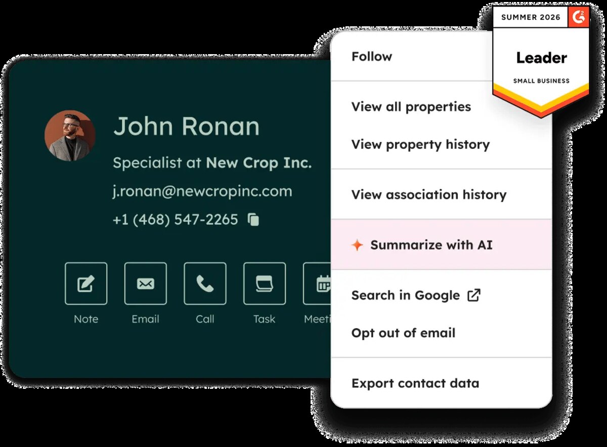 HubSpot contact record card for John Ronan with note, email, call, task and meeting actions, and a right-click menu highlighting Summarize with AI