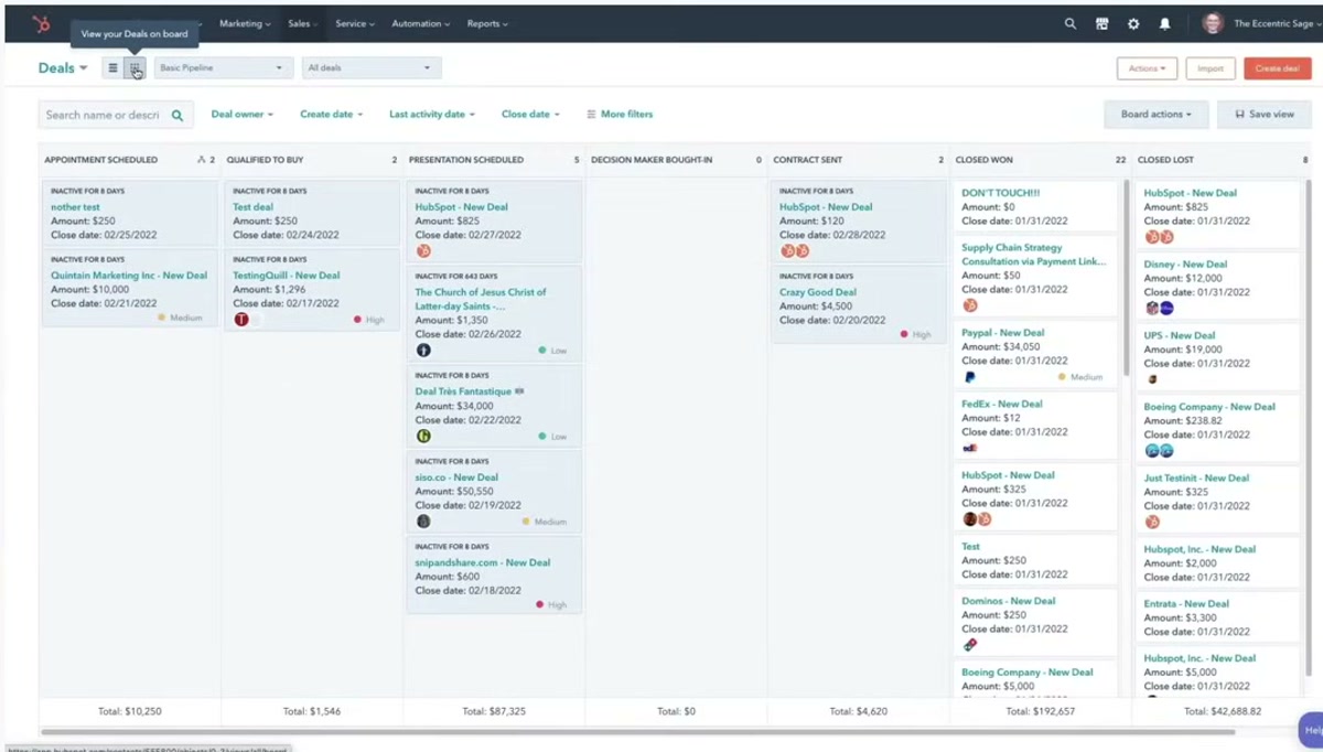 HubSpot deal pipeline board with Appointment Scheduled, Qualified To Buy, Presentation Scheduled, Contract Sent, Closed Won and Closed Lost stages, each deal card showing amount and close date with column totals
