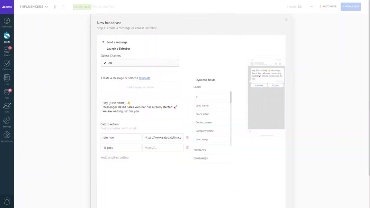 Kommo new-broadcast composer with a messenger sales message and Join now and I'll pass call-to-action buttons, lead dynamic fields, and the Leads pipeline left navigation
