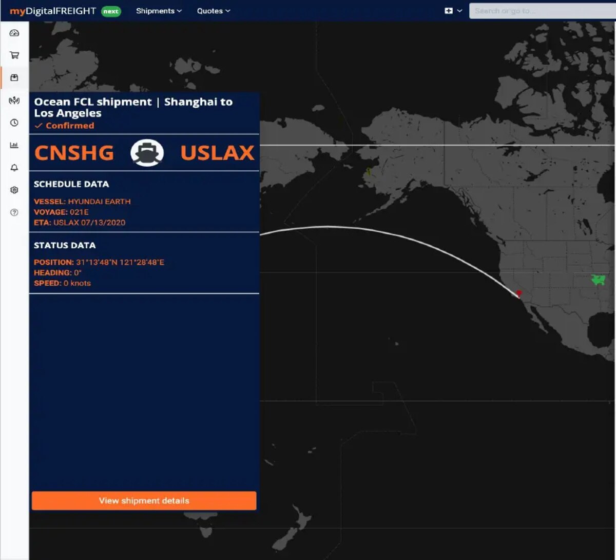 Magaya myDigitalFREIGHT live map tracking an Ocean FCL shipment from Shanghai to Los Angeles with vessel, voyage and position data