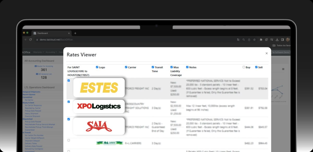 Tai TMS Rates Viewer comparing LTL carrier rates from Estes, XPO Logistics, SAIA and R+L Carriers for a Saint Louis to Houston shipment