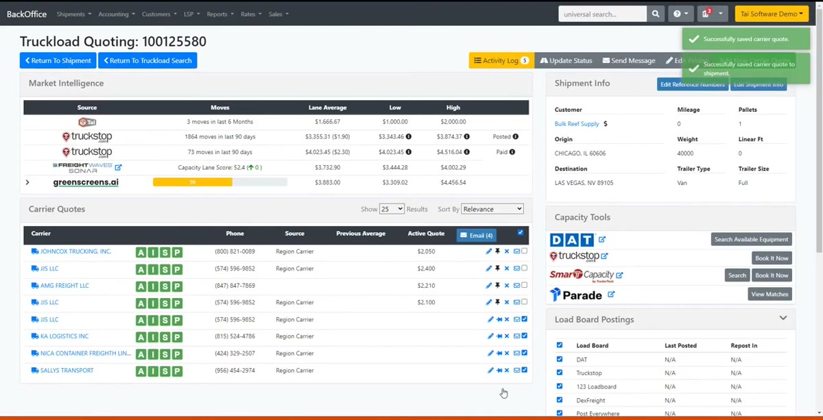 Tai TMS truckload quoting screen with market-intelligence lane rates from DAT, Truckstop and Greenscreens, a carrier quotes table with contact details, and capacity and load-board posting tools