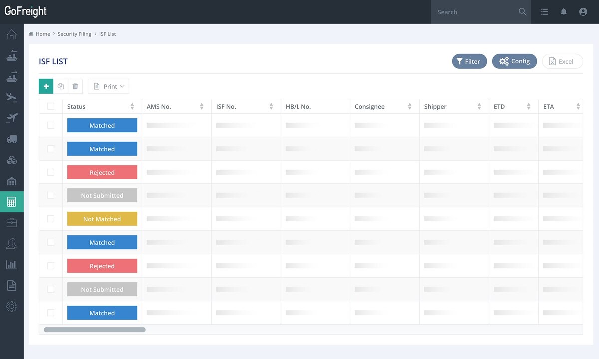 GoFreight ISF List screen showing AMS and ISF filing status as Matched, Rejected or Not Submitted for a set of house bills