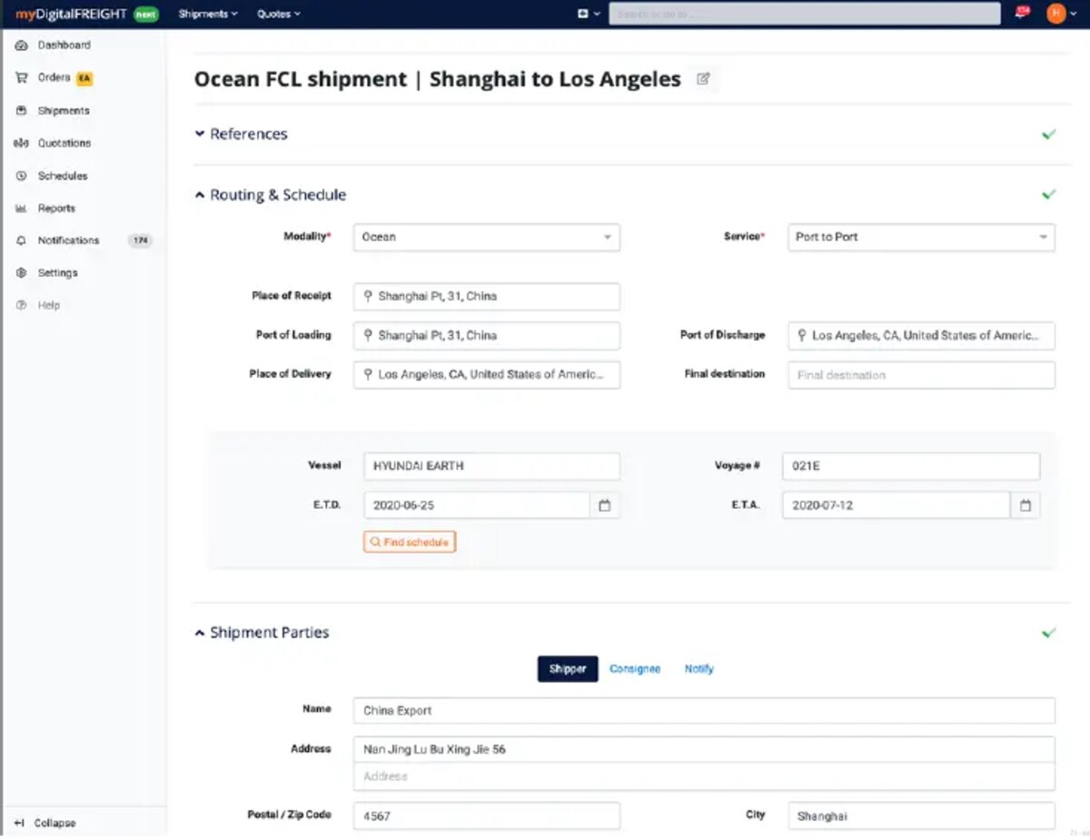 Magaya myDigitalFREIGHT shipment routing and schedule form for an Ocean FCL shipment from Shanghai to Los Angeles with vessel and ETD/ETA fields