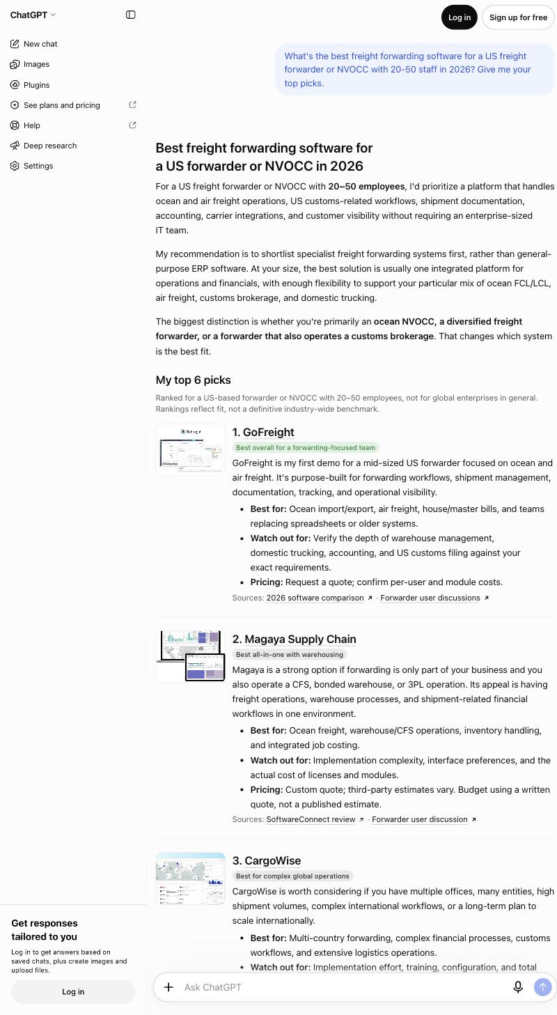 ChatGPT’s answer to what’s the best freight forwarding software for a US forwarder or NVOCC with 20-50 staff in 2026, listing GoFreight, Magaya Supply Chain, and CargoWise at the top of six picks