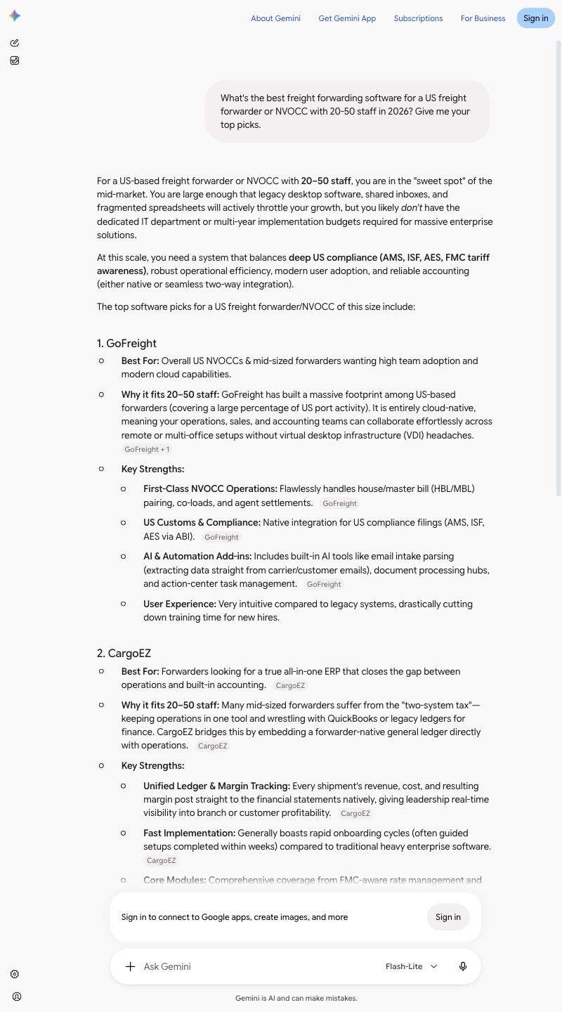 Gemini’s answer to what’s the best freight forwarding software for a US forwarder or NVOCC with 20-50 staff in 2026, opening with GoFreight and CargoEZ
