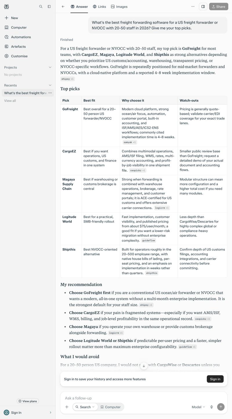 Perplexity’s answer to what’s the best freight forwarding software for a US forwarder or NVOCC with 20-50 staff in 2026, a comparison table naming GoFreight, CargoEZ, Magaya Supply Chain, Logitude World, and Shipthis