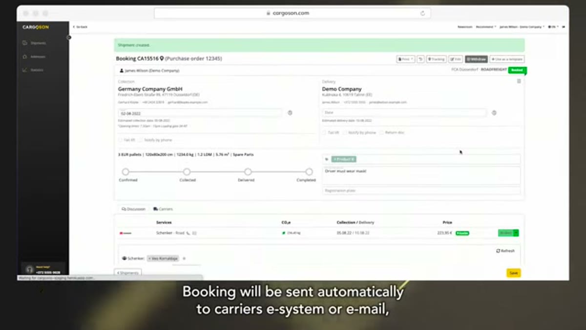 Cargoson booking dashboard showing shipment status pipeline and carrier pricing