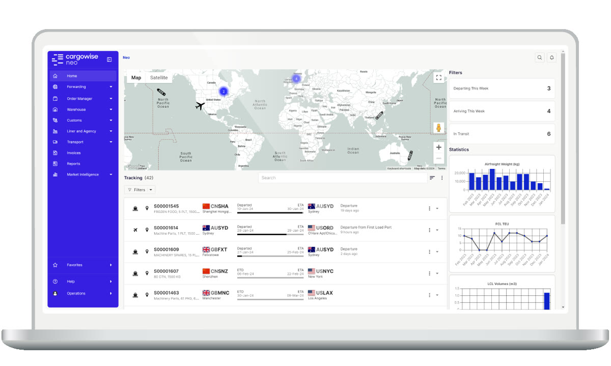CargoWise Neo dashboard with a world shipment-tracking map, a Tracking list of ocean and air jobs showing origin and destination ports and ETAs, and departing, arriving and in-transit filters