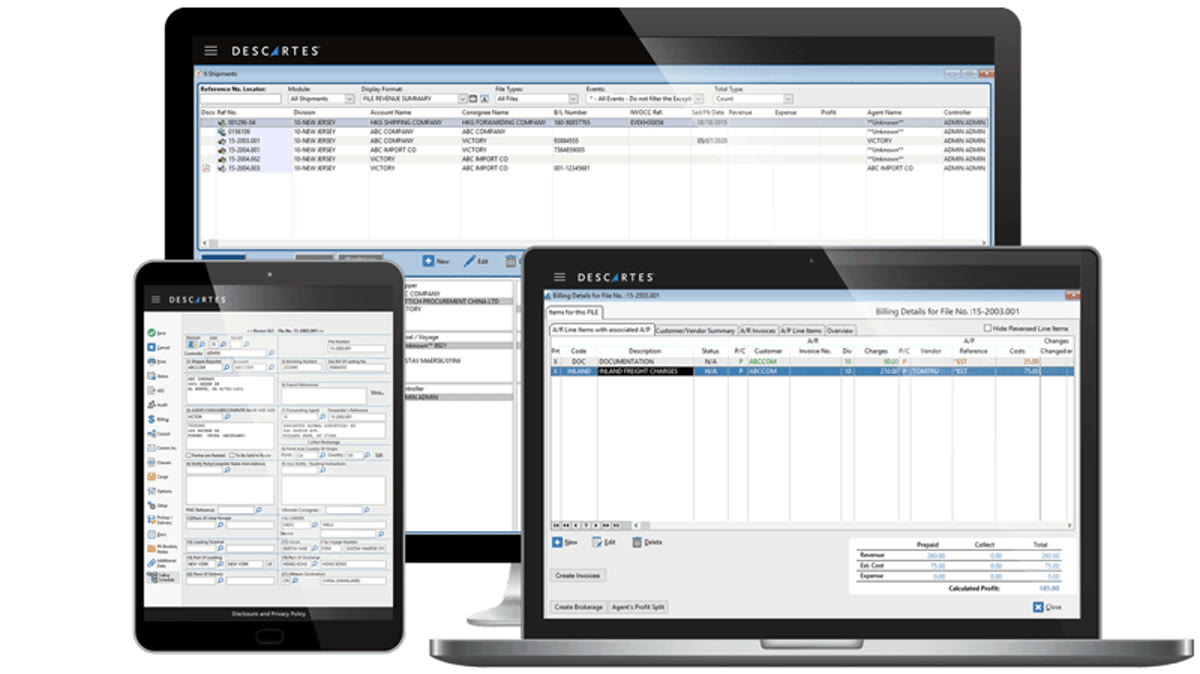 Descartes Forwarder Enterprise showing a shipments list with consignee name and B/L number columns and a file billing-details window of accounts-receivable line items, displayed across desktop and tablet
