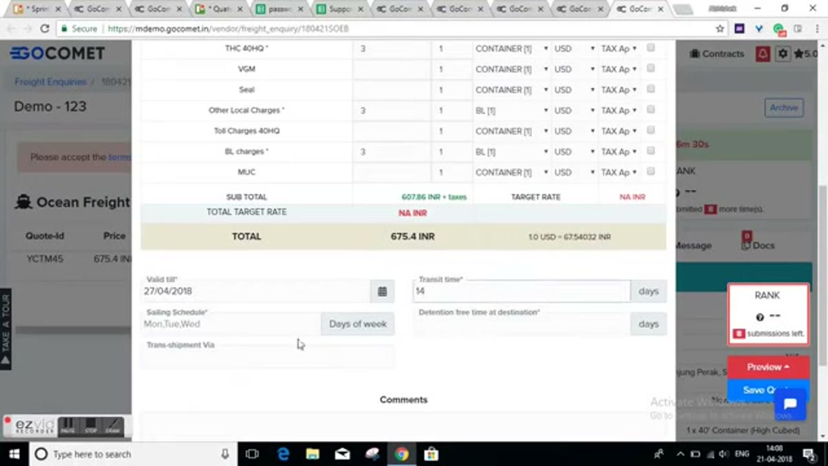 GoComet freight enquiry and quote screen showing an ocean-freight charges table with line items, currency, subtotal and total, plus rate validity, transit time, and sailing-schedule fields used to compare carrier bids