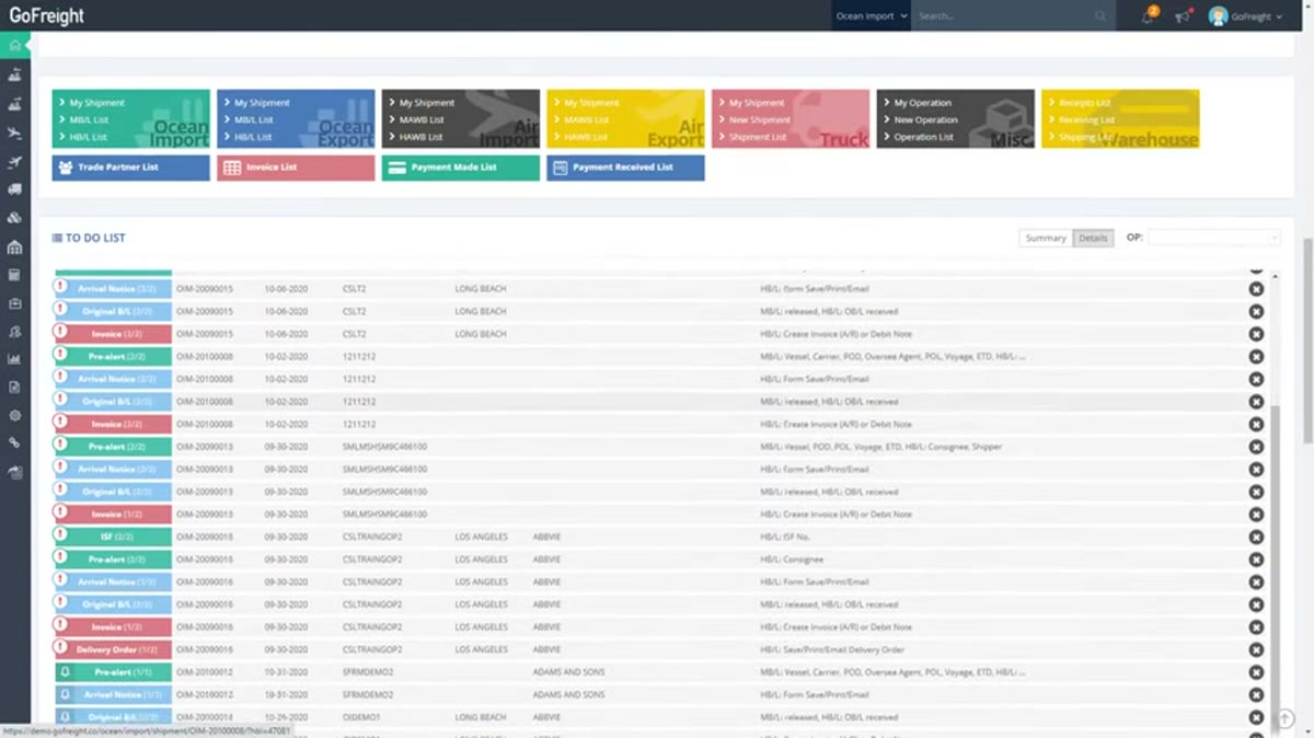 GoFreight dashboard with Ocean and Air import and export modules including MB/L and HB/L lists, and a To Do list of shipment tasks such as Original B/L, Arrival Notice, ISF and Invoice by job number